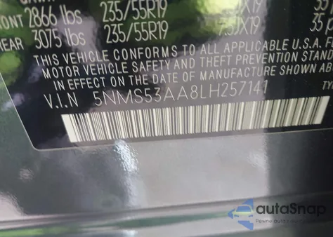 2020 Hyundai Santa Fe Limited 2.0T z USA, uszkodzony, nr VIN 5NMS53AA8LH257141